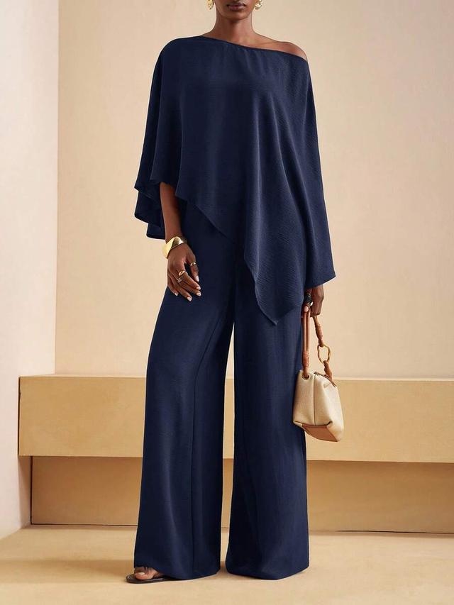 navy blue asymmetric one-shoulder wide-leg trouser set