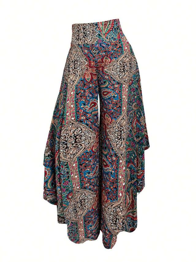 paisley print asymmetric hem wide leg pants