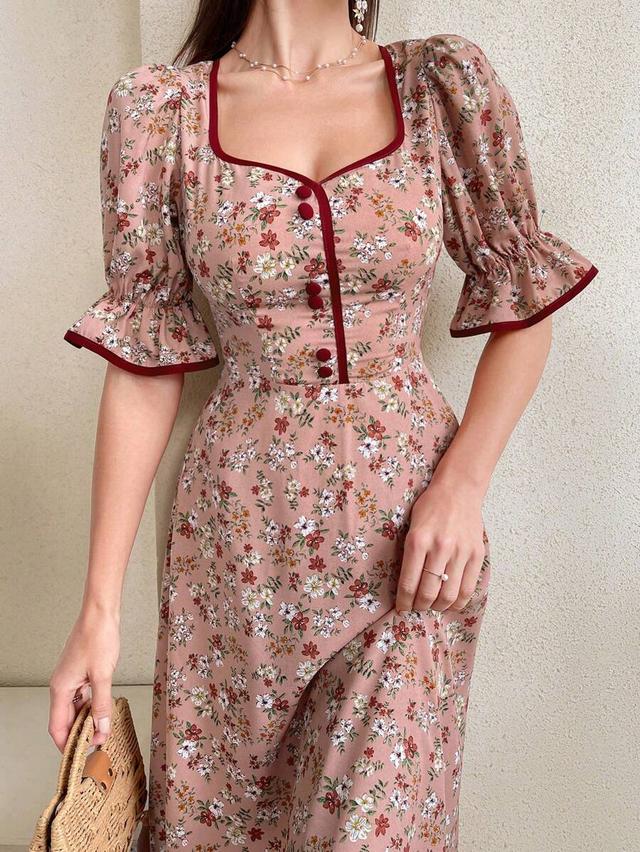 floral print bubble sleeve midi dress with contrast trim