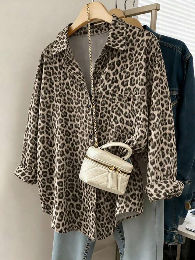 leopard print casual long sleeve button up shirt