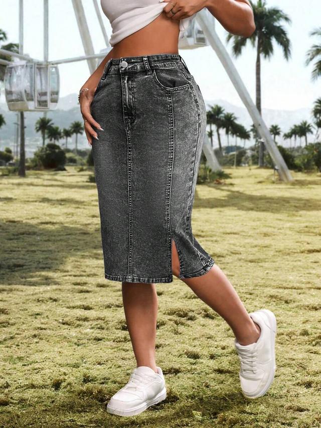 acid wash grey denim midi skirt