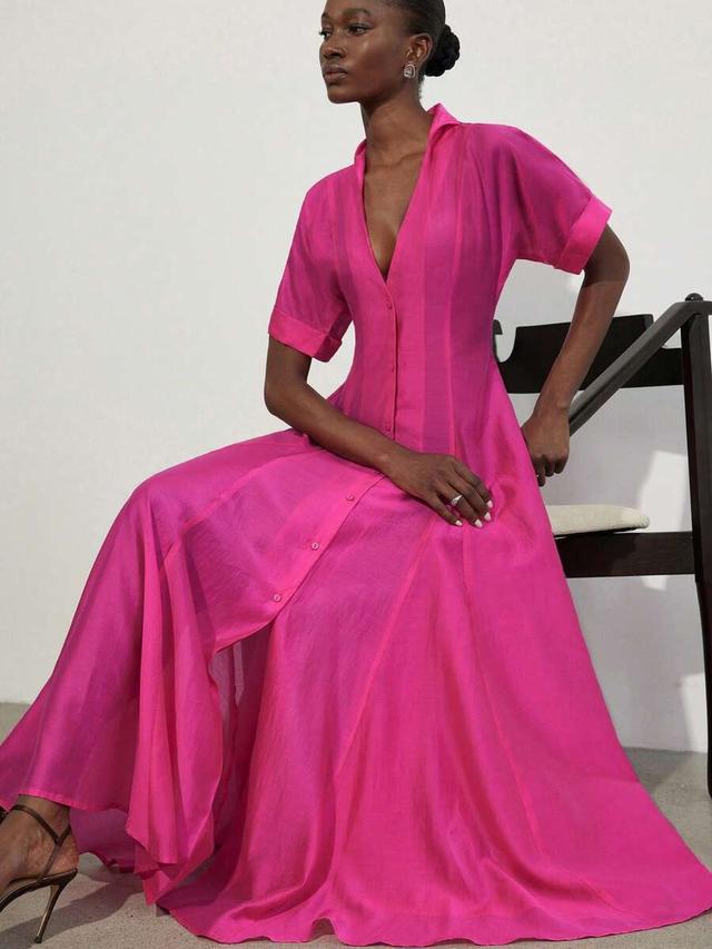 rose red tencel v-neck button-up flared maxi dress