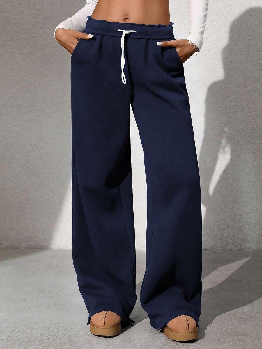 navy blue drawstring wide leg lounge sweatpants