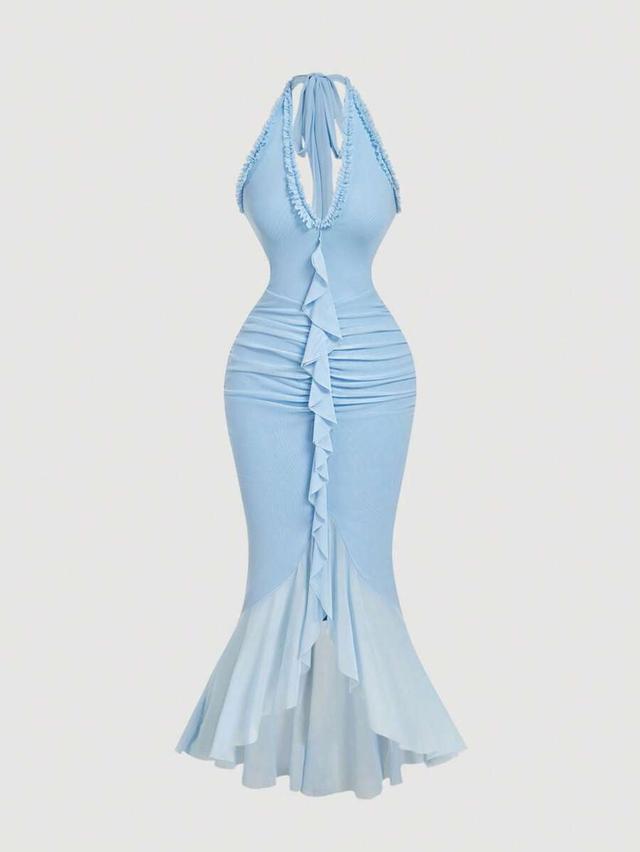 light blue ruffled mesh halter neck fairy dress