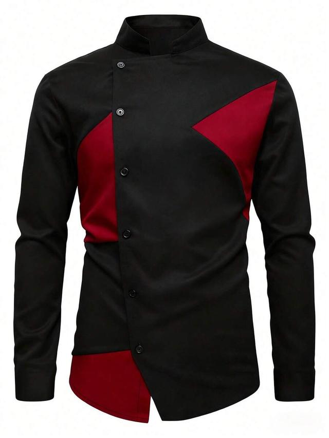 calvornis black and red patchwork stand collar designer shirt