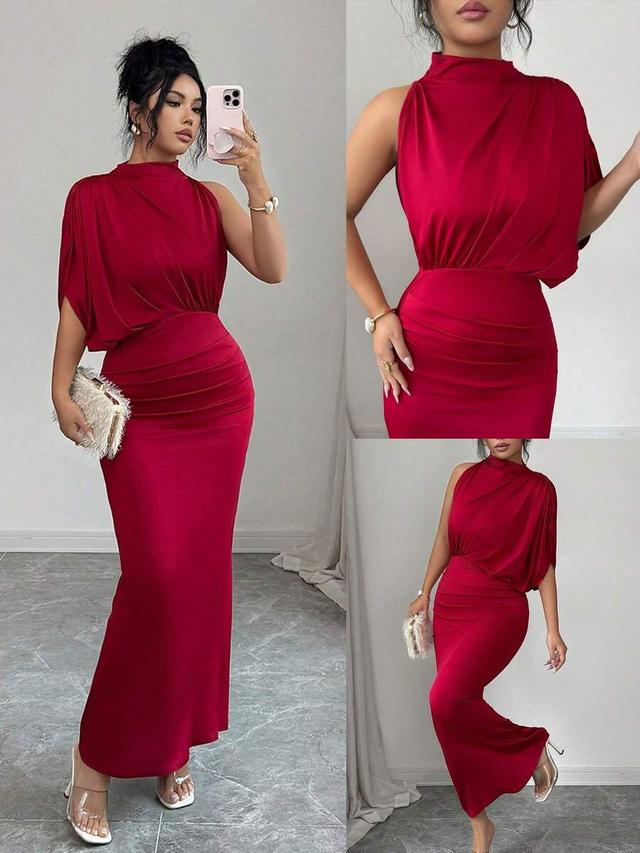 burgundy ruched collar sleeveless fitted maxi dress