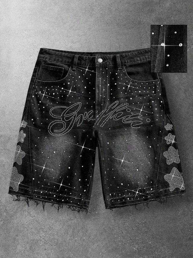 men's black denim shorts with rhinestone star detailing