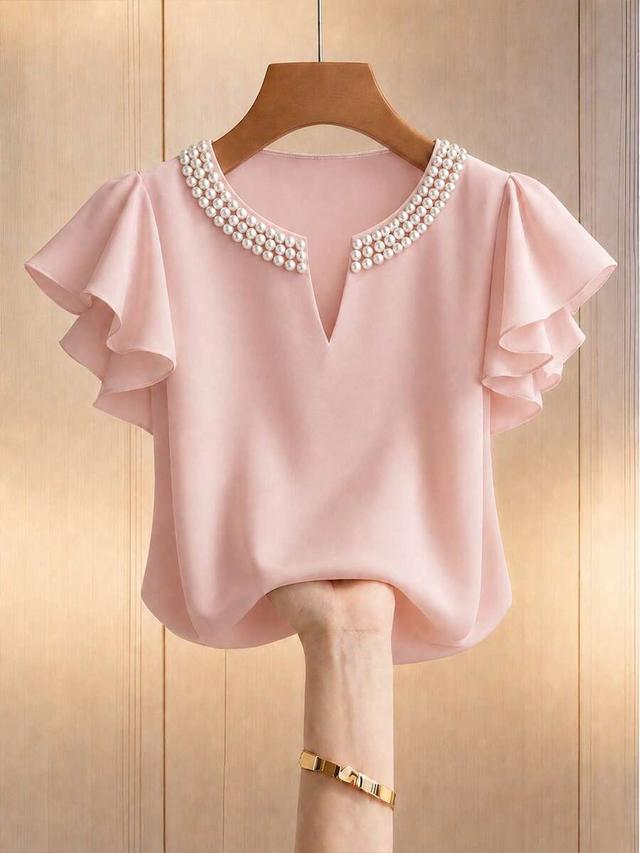 pink faux pearl decor notch v-neck ruffle blouse