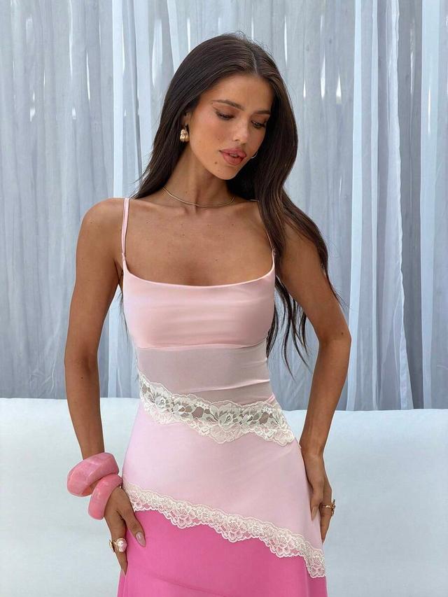 pink satin and lace patchwork asymmetric camisole dress