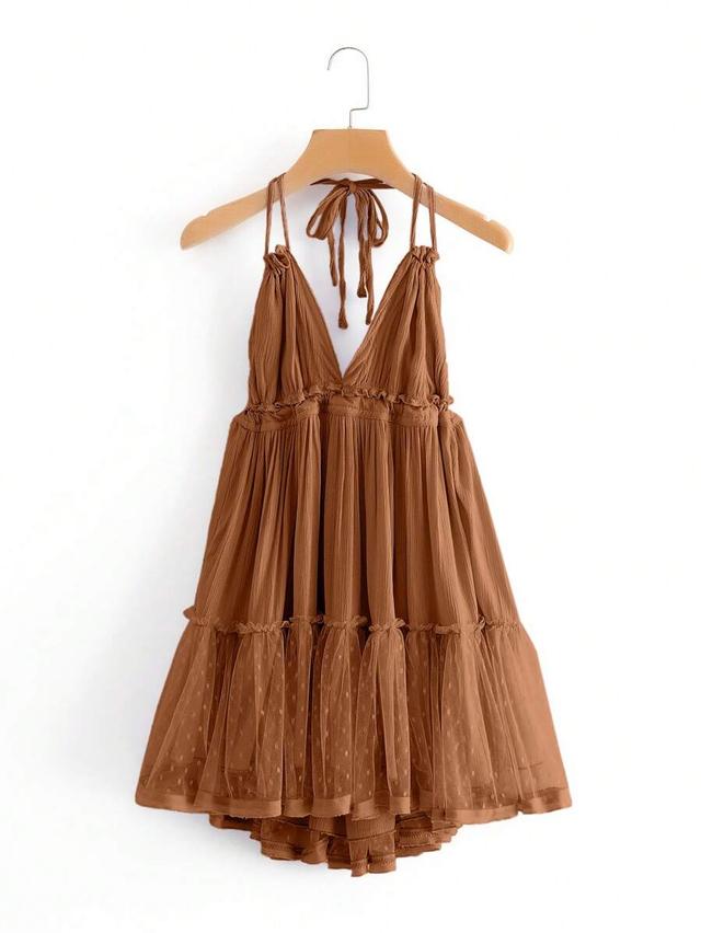 brown dobby mesh self-tie ruffled halter dress