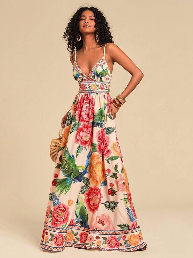 floral print v-neck woven maxi dress