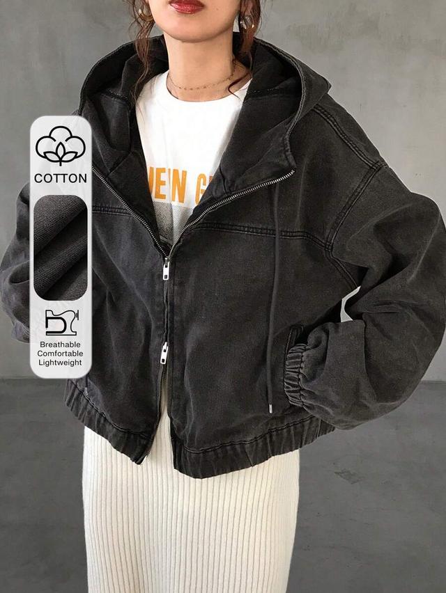 oversized black denim zip-up hooded jacket