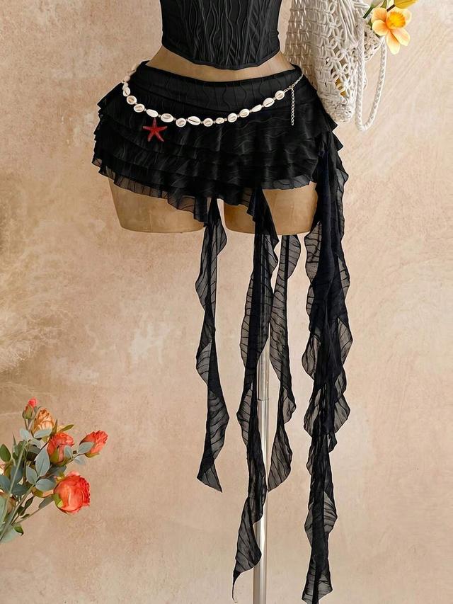 layered ruffle asymmetric hem black beach skirt