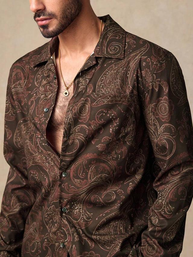 mens brown floral paisley woven long sleeve shirt