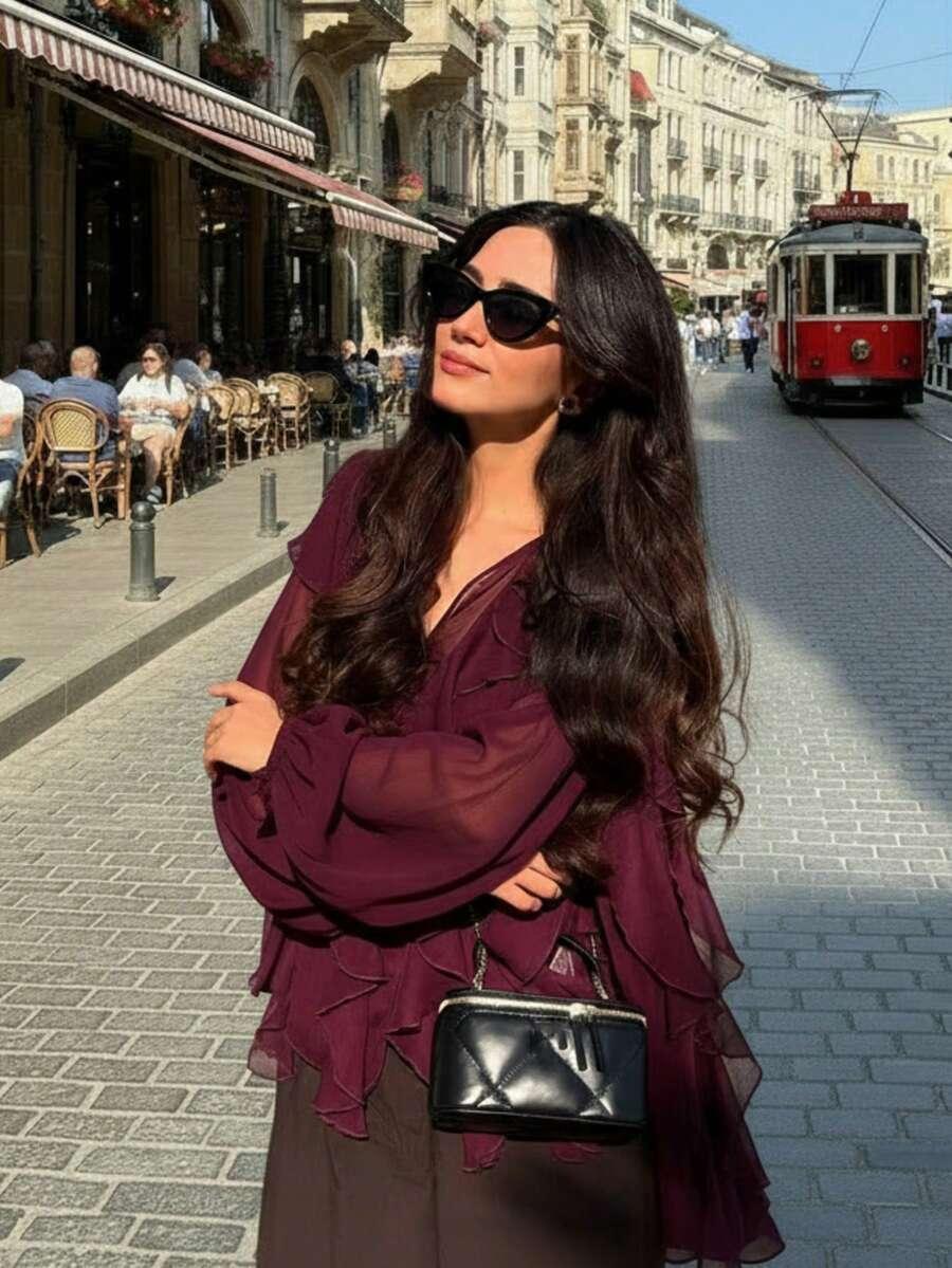 burgundy ruffle chiffon loose fit long sleeve blouse
