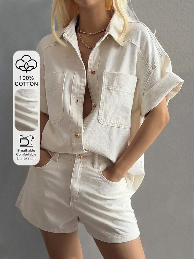 off-white cotton denim shirt and shorts set