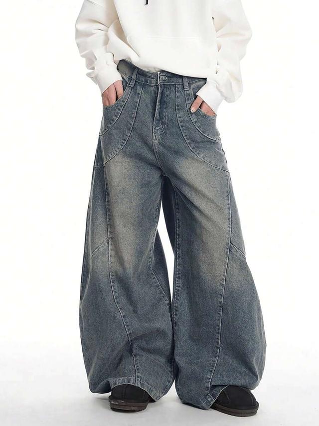 distressed patchwork baggy barrel leg denim jeans