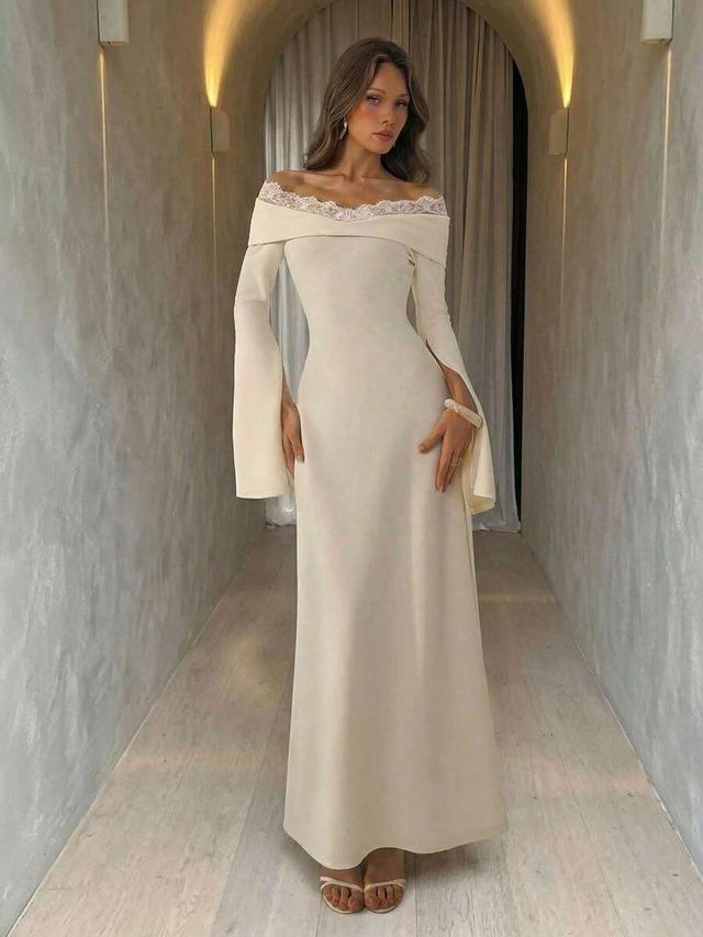 apricot off-shoulder knitted long dress with lace trim