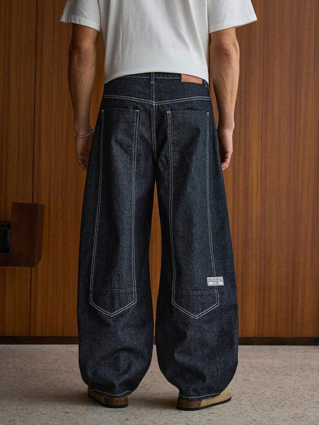 loose baggy contrast stitching dark denim jeans