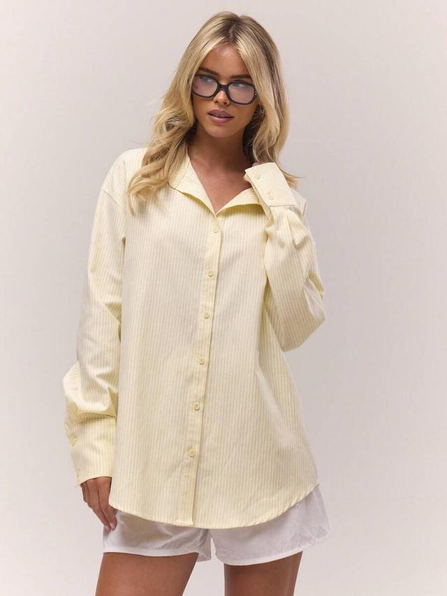 musera oversized pinstripe button down long line butter yellow top