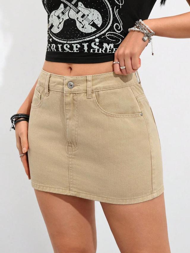 khaki denim mini skirt with classic five-pocket styling