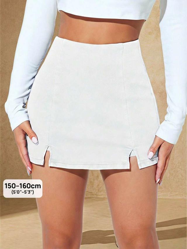 high waist solid color denim skort with open hem