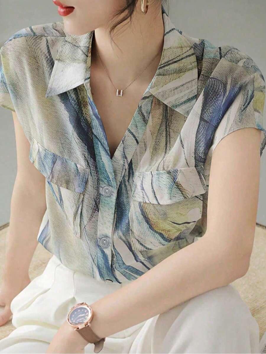 women's french style printed short sleeve flowing blouse