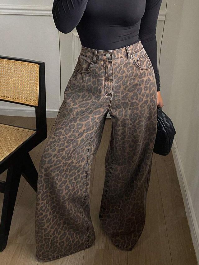 loose leopard print cotton wide leg trousers