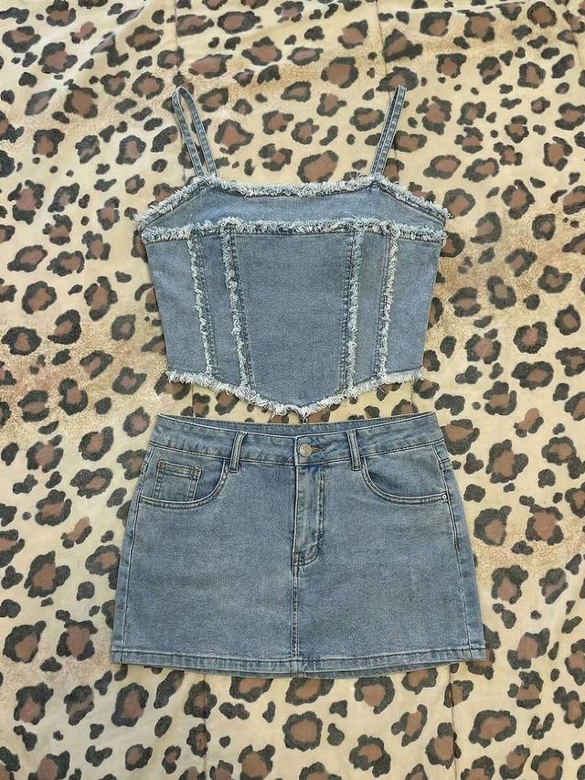 frayed denim corset top and mini skirt set