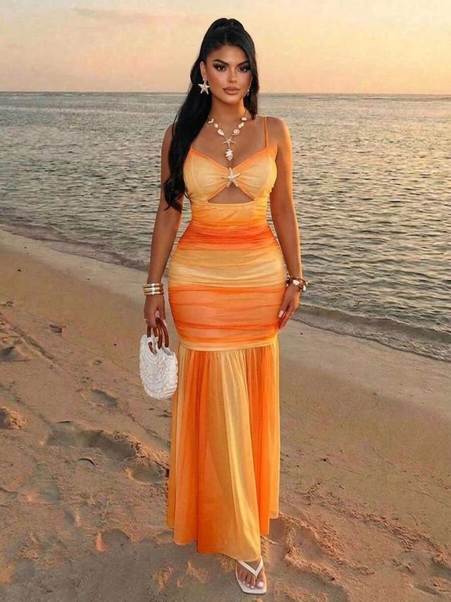 ombre yellow orange ruched mesh maxi dress