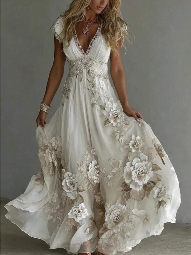 ivory chiffon maxi dress with floral embroidery