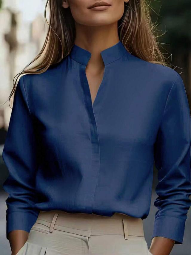 minimalist solid blue long sleeve satin collar blouse
