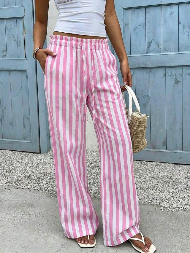 pink and white striped woven wide leg pants