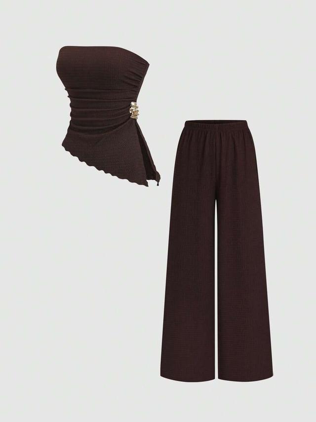 solid color metal decor ruched bandeau and pants set
