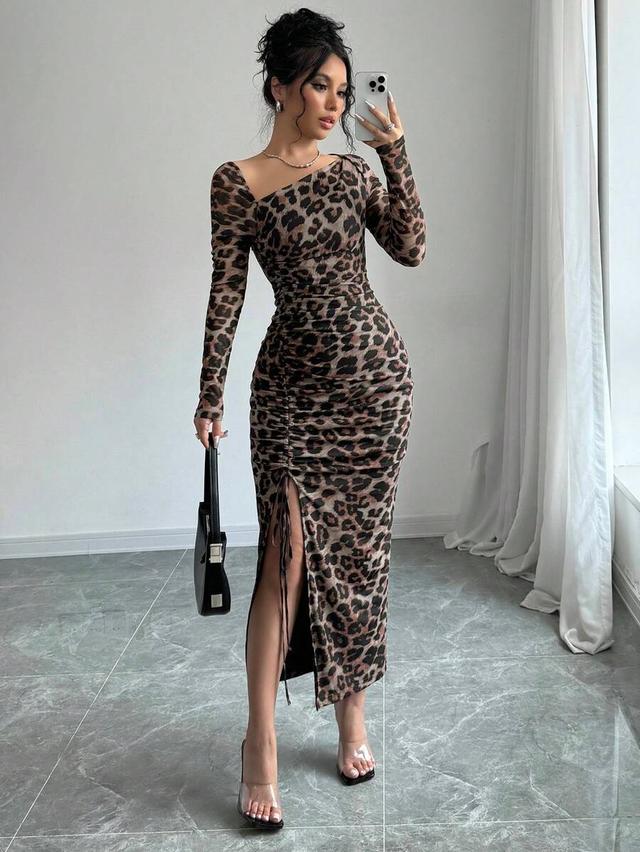 leopard print mesh ruched asymmetrical neck maxi dress