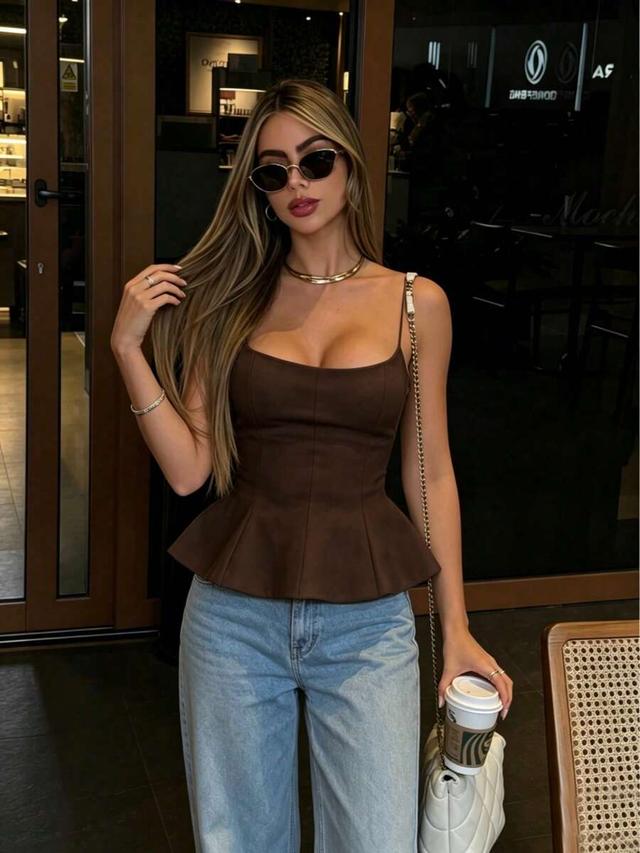 elegant brown camisole with flared peplum hem
