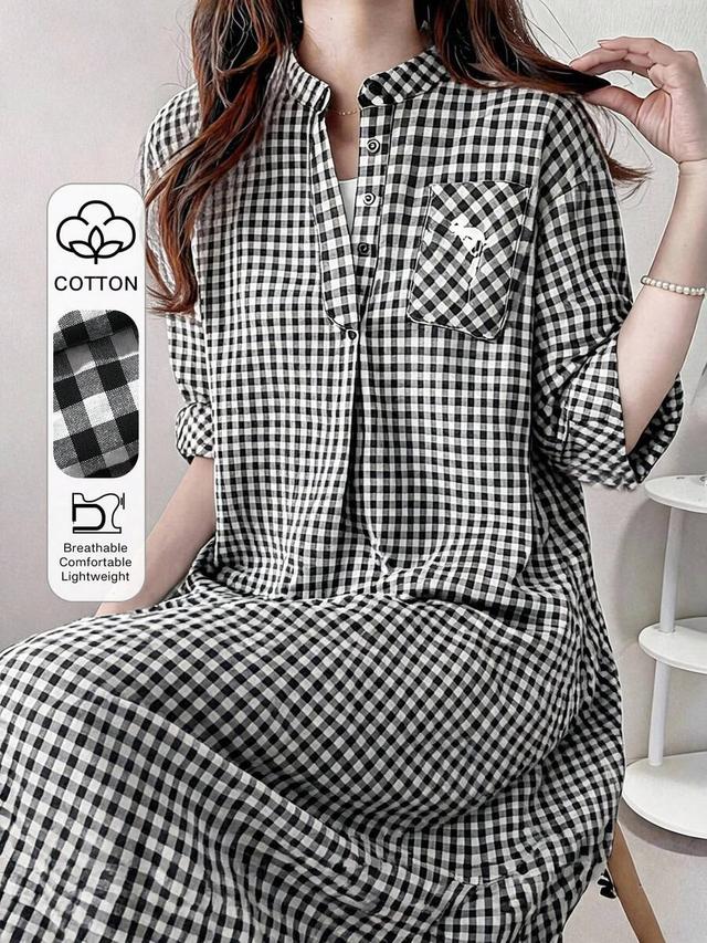 black and white plaid cotton button-down midi dress