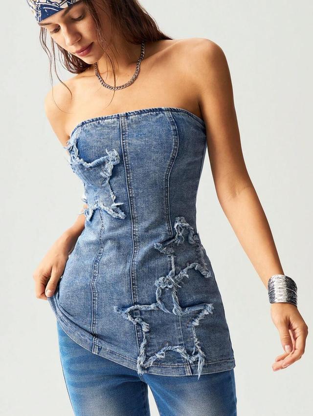 bohemela casual blue denim strapless star distressed top
