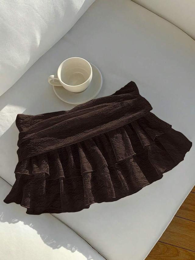 dark brown waist pleated ruffle hem fashion skirt