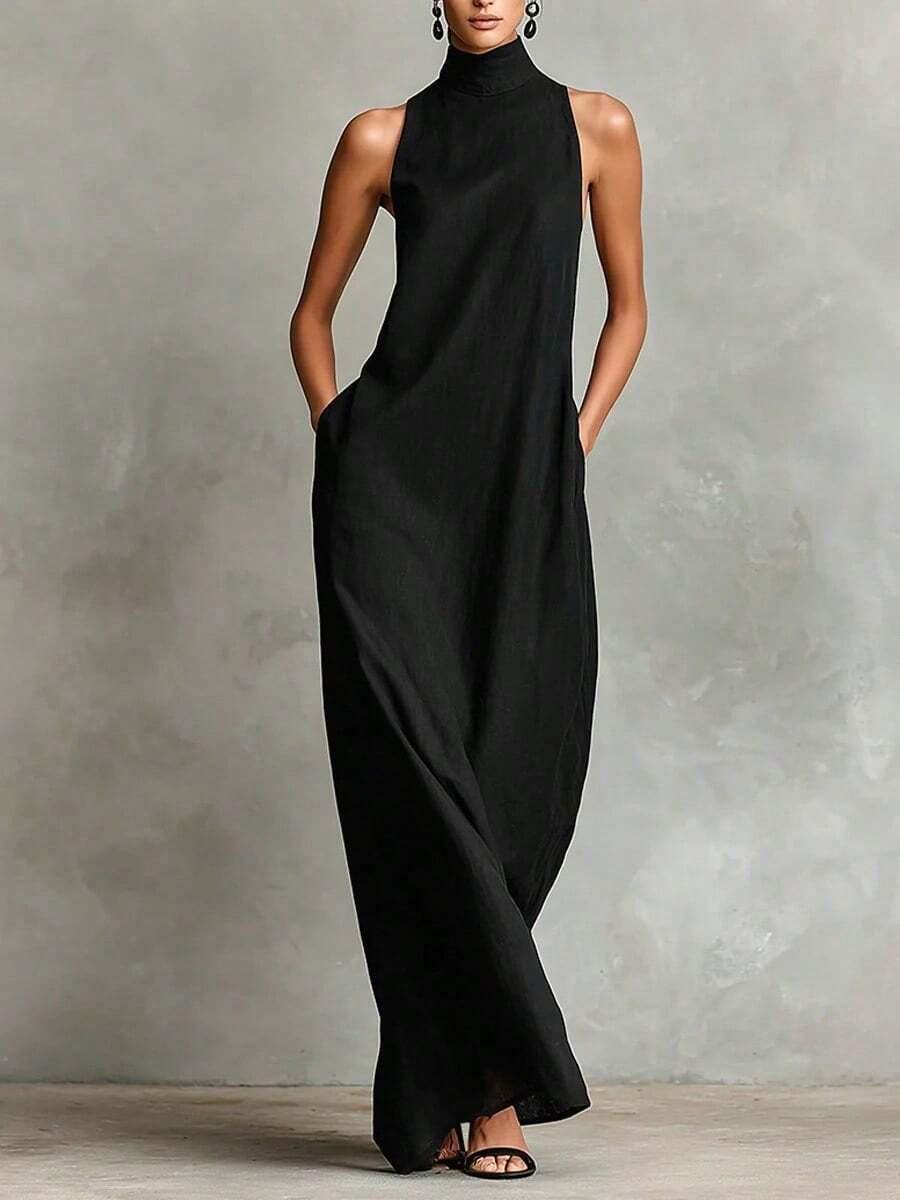 black linen high collar sleeveless long dress