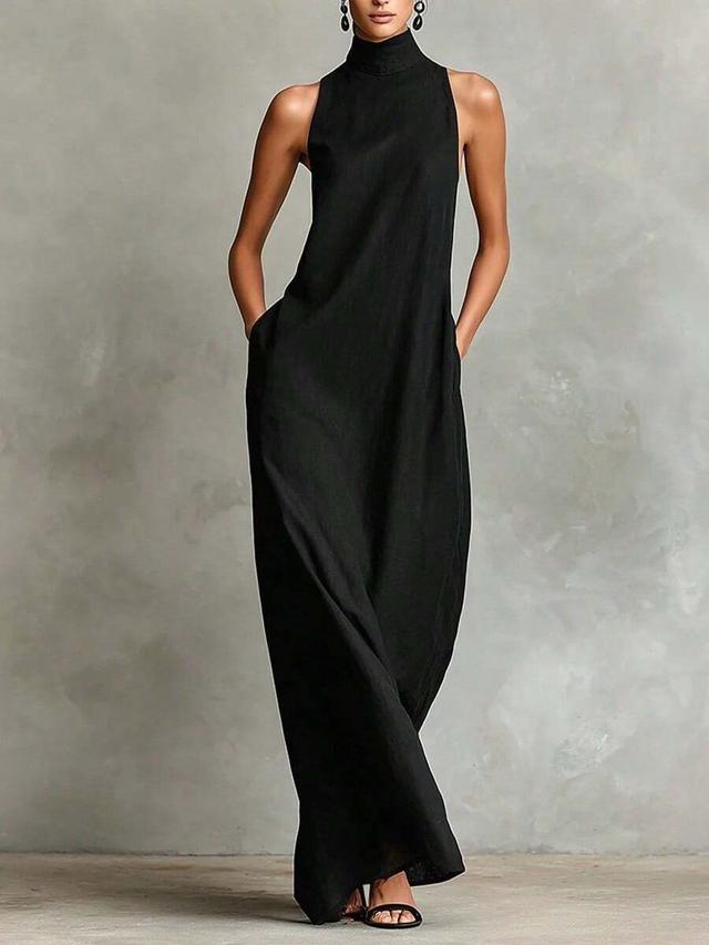 black linen high collar sleeveless long dress