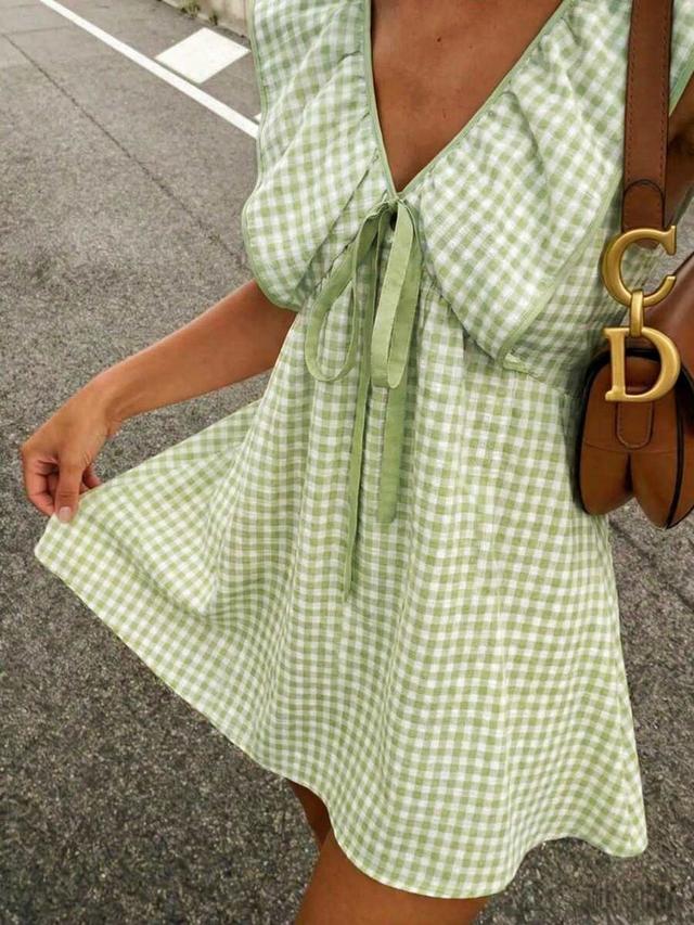 light green gingham cotton mini dress with tie