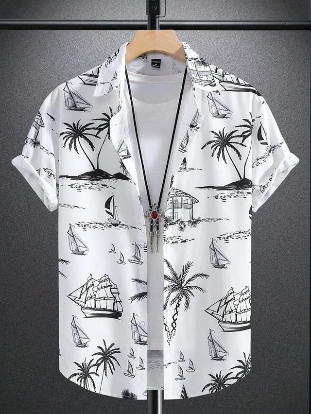 white tropical palm and sailboat print short sleeve shirt