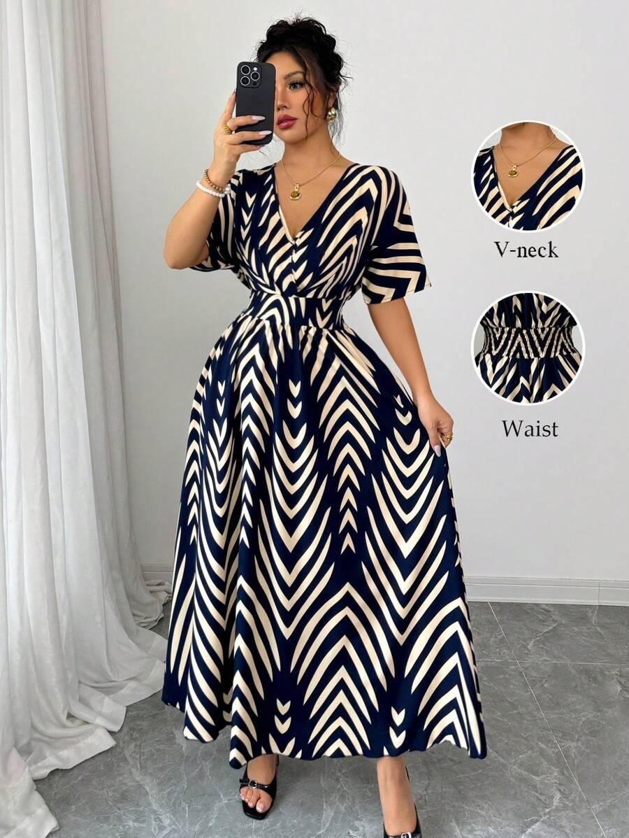 geometric print v-neck waisted bohemian maxi dress