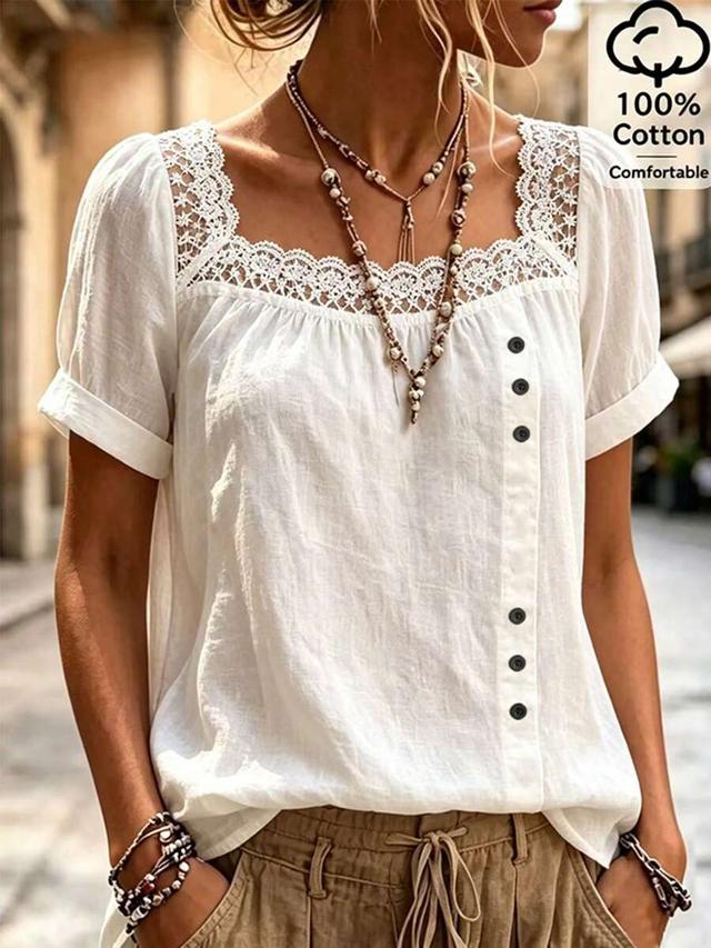 white square neck cotton lace patchwork casual shirt