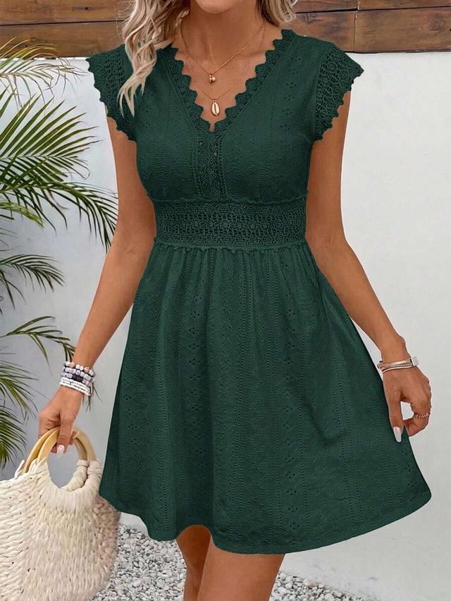 dark green eyelet lace v-neck cap sleeve dress