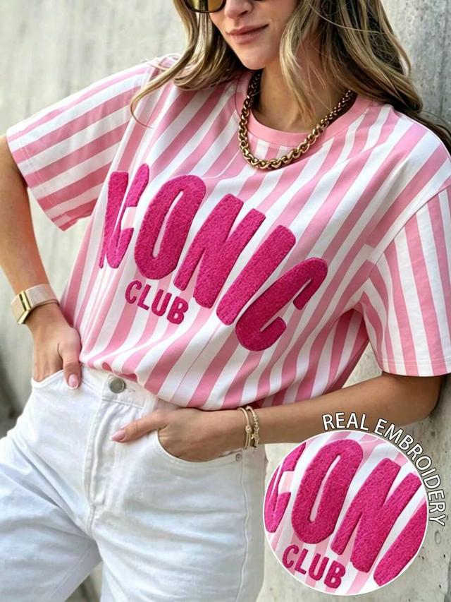 pink and white striped casual short sleeve t-shirt