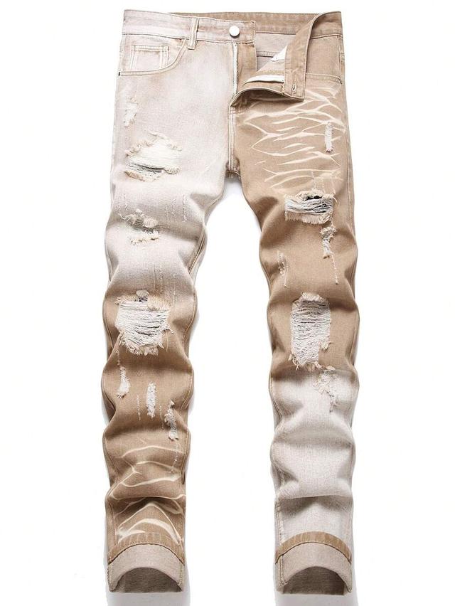men's distressed patchwork color block straight leg jeans