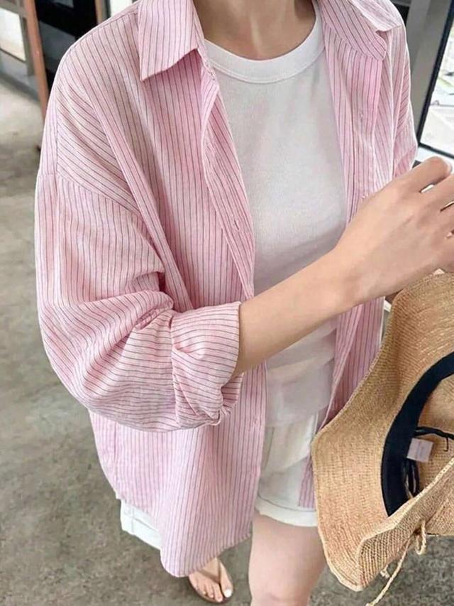 pink striped drop shoulder long sleeve casual shirt