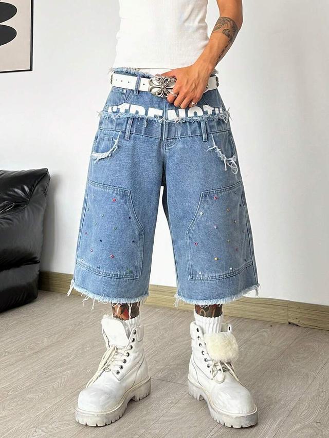 washed denim patchwork wide leg shorts with rhinestone detailing